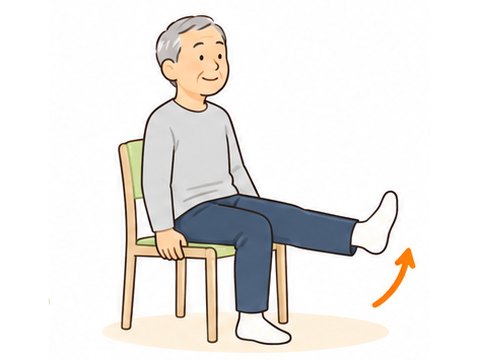 椅子に座り、片方の膝をまっすぐ伸ばしているイラスト