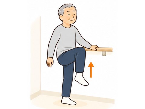 手すりを持ち、片足を高く上げているイラスト