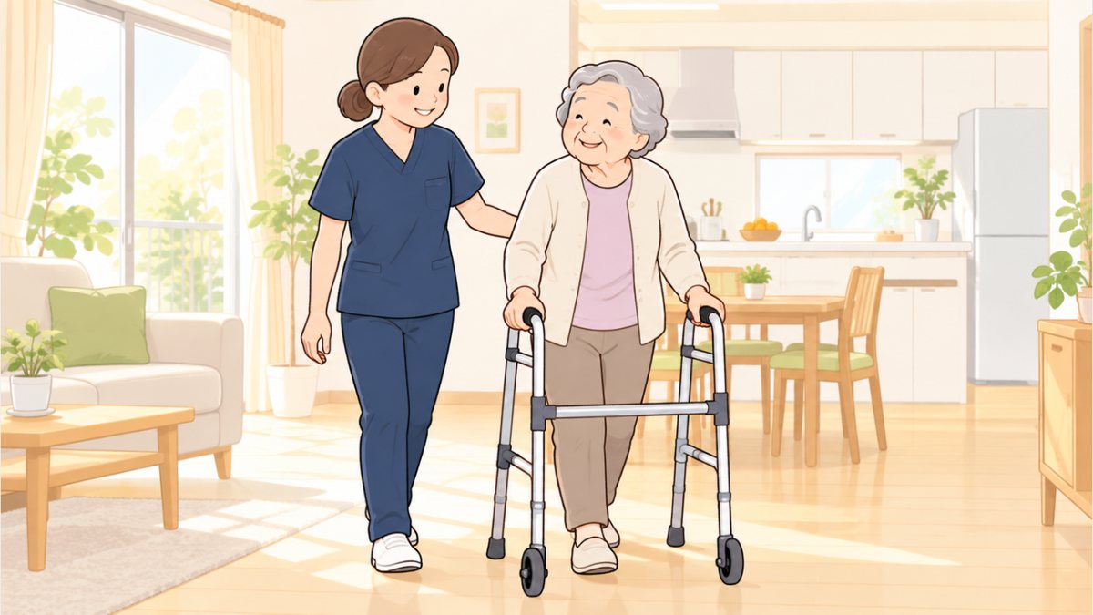 理学療法士が付き添い、歩行器を使う方とご自宅の中を歩いているイラスト